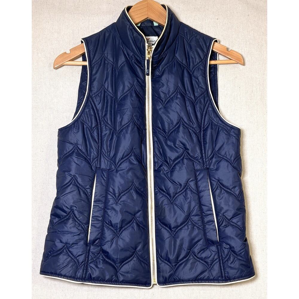 VINEYARD VINES Whale Tail Pattern Puffer‎ Vest Jacket Navy Blue Quilted Sz XS